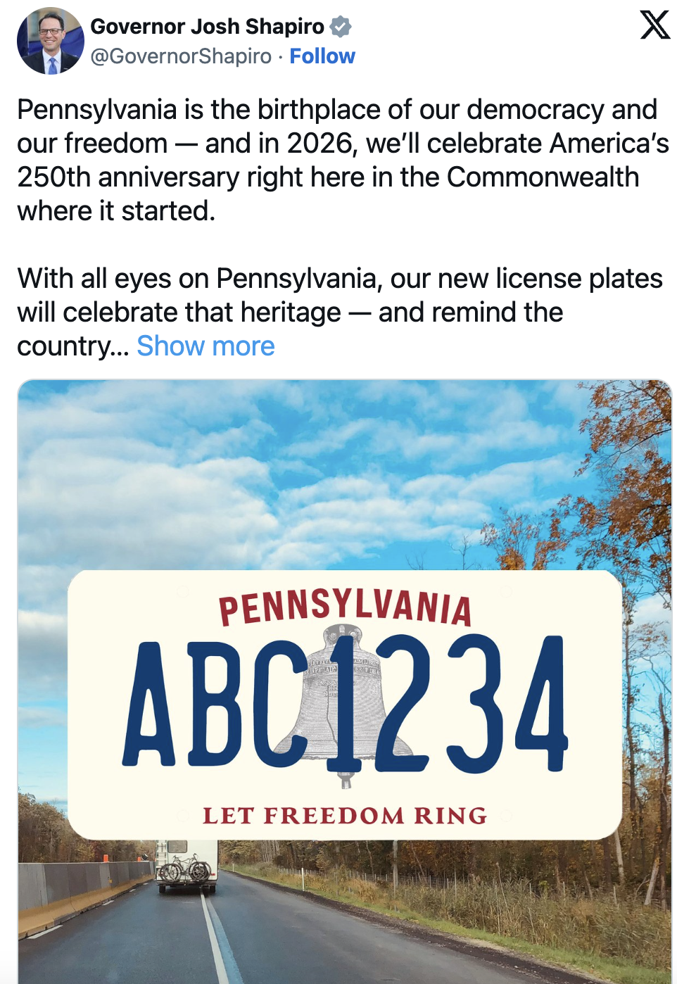 为庆祝美国建国250周年,宾州揭开新车牌设计的面纱